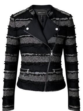 BCBG MAXAZRIA Womens (S) Black/Gray Zip-Up Fringe Boucle Jacquard Moto Jacket